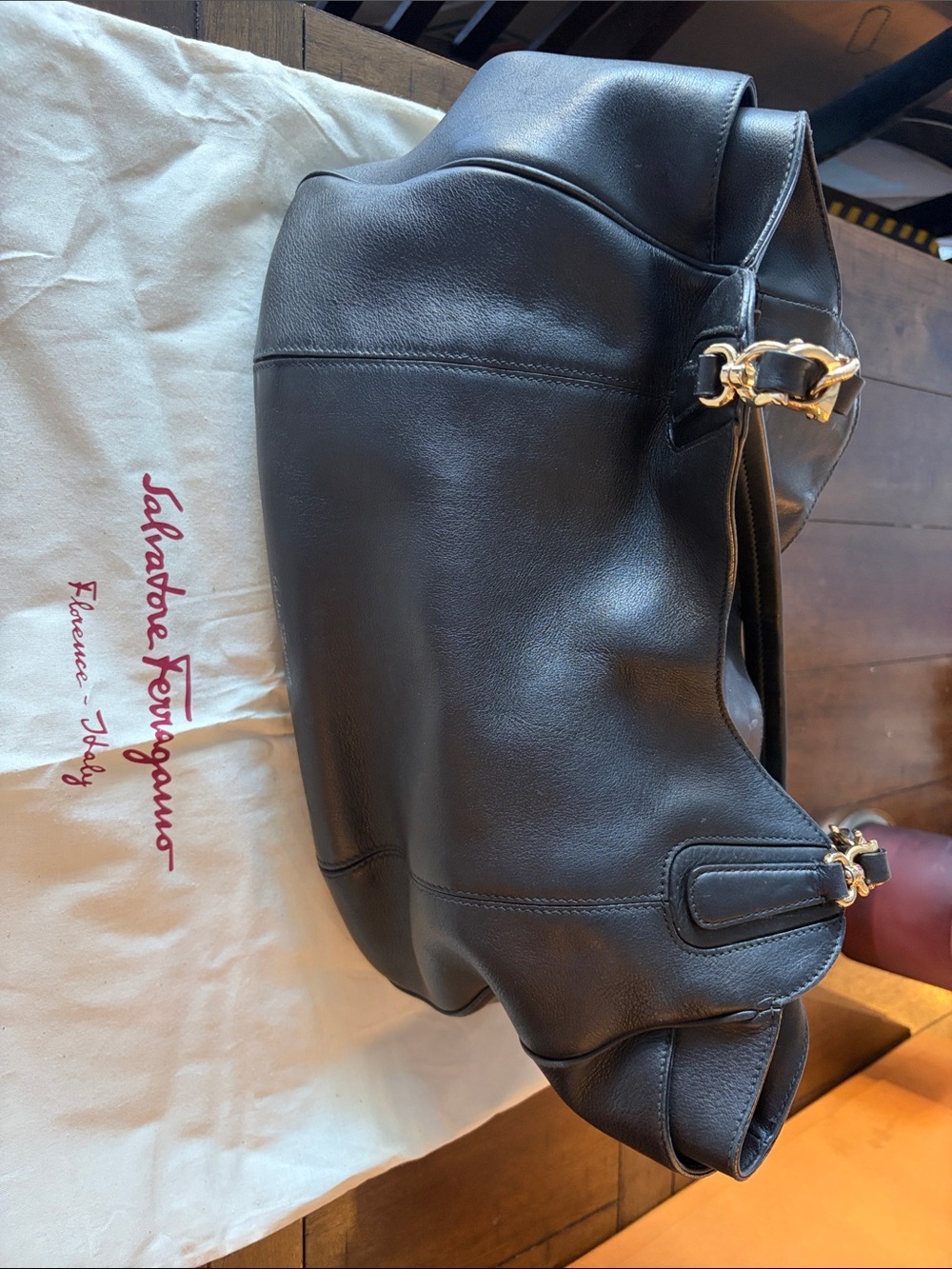 Salvatore Ferragamo Black Leather Shoulder Hobo with Gold Hardware Accents